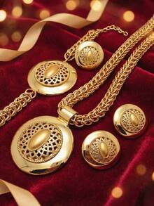 18K Gold Plated Vintage Jewelry Set For Women, Big Round Hollow Medallion Pendant Necklace Earrings Set, Luxury African Dubai Bridal Wedding Party - Gold - View 9