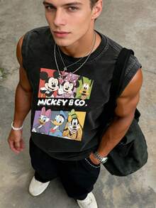 Disney Official Licensed Mickey & Co. Unisex Acid Wash Tank Top, Mickey Mouse Minnie Donald Duck Goofy Daisy Duck Graphic Sleeveless Top, 230g Heavyweight Cotton Blend Summer Casual Wear - 黑色 - 查看 2