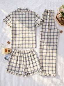 3 piezas Conjunto de pijama de verano para mujer, estampado lindo de oso y cuadros, con bolsillo, cierre delantero con botones, top de manga corta con volantes, pantalones cortos y largos - Multicolor - Ver 2