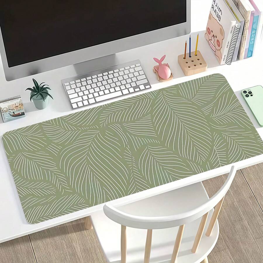 Bohemian Stil Grünes Blatt Schreibtischunterlage | Erweitertes Mauspad | Waschbare rutschfeste Gummibasis | Naturinspiriertes Design, geeignet für Büro oder Heimarbeitsplatz, Büroaccessoire für Zuhause | Natürlicher Stil Dekoration | Mauspad, Gaming Mauspad, Schreibtischzubehör, Büromaterial, Schreibtischzubehör, Schreibtisch Mauspad - Grüne Blätter im böhmischen Stil - Übersicht 1