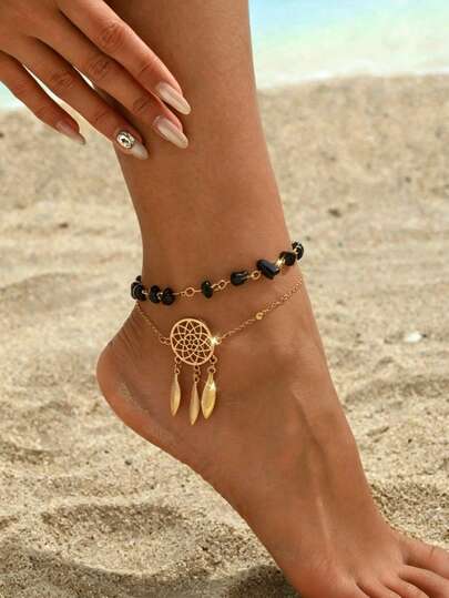 1pc Fashionable Vintage Elegant Detailed Bohemian Style Beaded Multi-Layer Anklet, Suitable For Women's Daily Casual, Outings, Banquets, Music Festivals, Parties, Beach Vacations