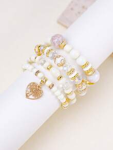 4pcs Heart Shaped Pendant Beaded Bracelet Set, Valentine's Day & Mother's Day Gift - Multicolor - View 2