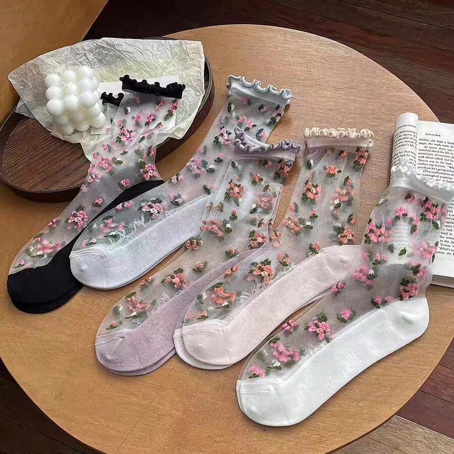 5双装女士碎花中筒袜，薄款水晶丝绸荷叶边公主袜，夏季新品 - 彩色 - 查看 1