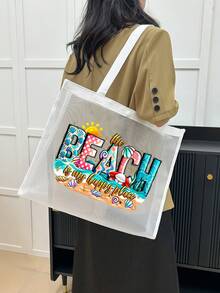 網格托特包與小收納袋套組，夏季「海灘」圖案，托特包，海灘包，夏威夷風透明收納袋，旅行盥洗包，海灘托特包，休閒度假包，化妝品收納袋，夏季必備品，適用於學校、度假、假期和返校使用，送給朋友和老師的最佳禮物，也是理想的生日禮物、派對禮物、夏季禮物、度假禮物、假期禮物和婚禮禮物 - 彩色 - 查看 9