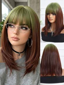 14 Inch Gradient Green To Reddish Brown Straight Synthetic Wig With Bangs, Heat Resistant, Easy To Wear And Maintain, Perfect For Daily Wear, Y2K Style, Party, Cosplay, Music Festival, Halloween, Ideal Holiday Gift For Girls - Brown Ombre - View 12