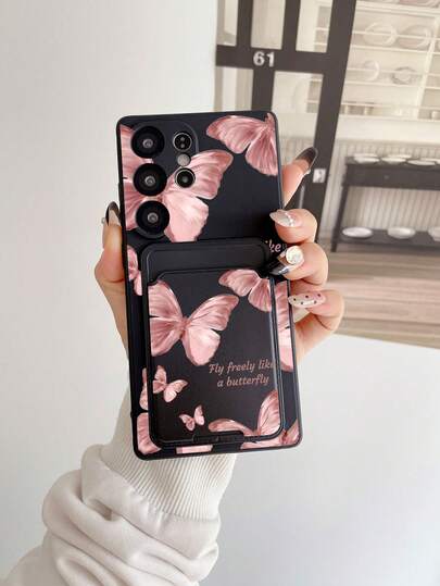 1pc Black TPU Soft Butterfly Oil Painting Pattern Full Protective Phone Case And 1pc Black Butterfly Oil Painting Pattern Adhesive Card Holder 2-In-1 Fashionable Versatile Creative Personalized Full Coverage Phone Case, Suitable As Birthday/Holiday/Anniversary Gift For Girlfriend/Boyfriend, Best Friend, Spouse, Partner, Family, Boss, Classmate, Teacher, Yourself, Compatible With Android Phones/Apple Phones/ Phones/ Phones/ Phones/Galaxy S25 Case/Galaxy S24 Ultra Case