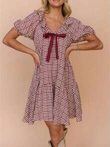 Women Plaid Babydoll Mini Dress Gingham Short Sleeve V Neck Bow Swing Dress Loose Summer Dress For Casual Daily Dating Streetwear - 紅色 - 查看 1