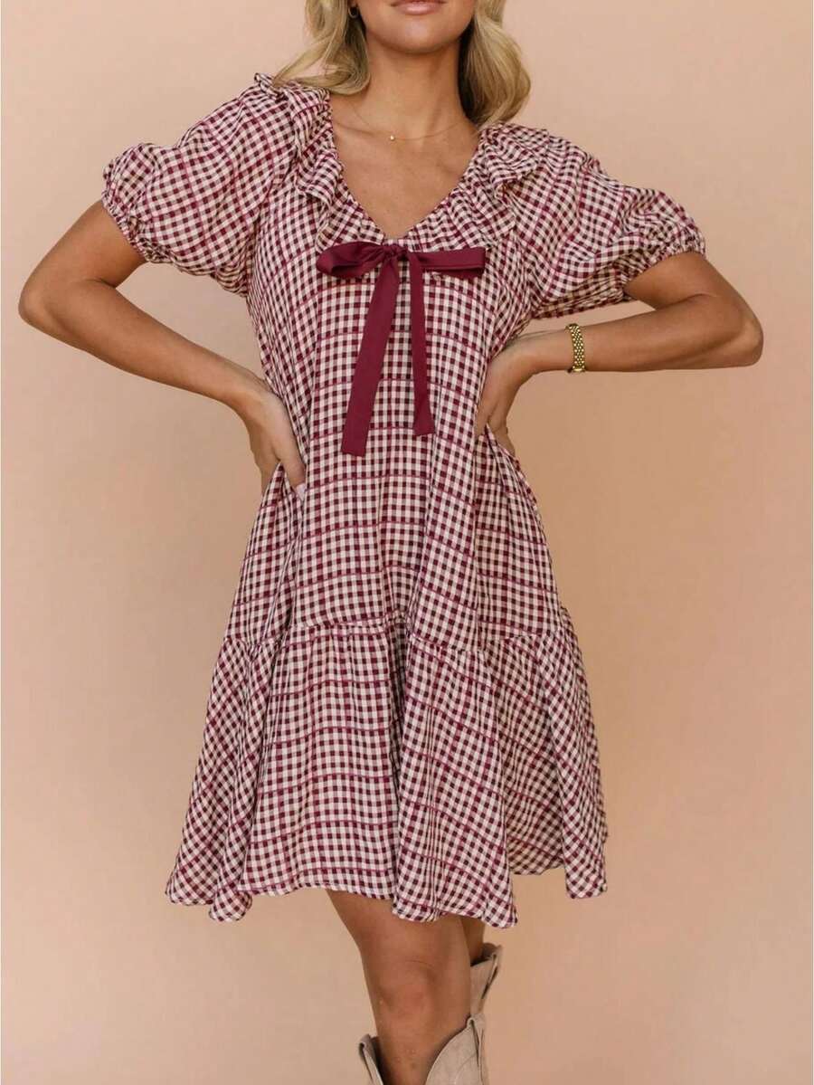 Women Plaid Babydoll Mini Dress Gingham Short Sleeve V Neck Bow Swing Dress Loose Summer Dress For Casual Daily Dating Streetwear - 紅色 - 查看 1