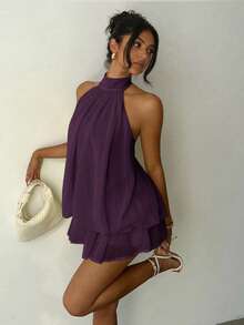 Women's Elegant Solid Purple Halter Neck Tie Backless Chiffon Flowy A-Line Mini Dress For Party Gathering & Summer Vacation - Purple - View 5