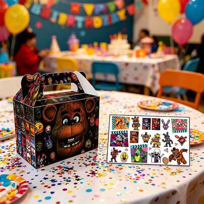 Five Nights at Freddy's 16pcs Cartoon Game Theme Gift Paper Boxes, Gift Packaging Handbag, Planet Pattern Red & White Color, Durable Material, Suitable For Birthday, Festival Party, Birthday Gift Packaging, Apple Decor Etc.