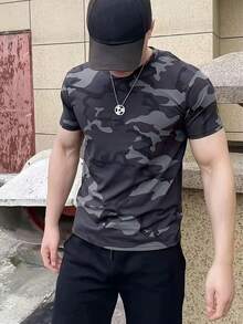 Men's Quick-Dry Camo T-Shirt, Navy Gray Urban Camo Print Sports T-Shirt, Breathable Lightweight Moisture-Wicking Shirt, Suitable For Gym, Running, Training - Multicolor - View 6