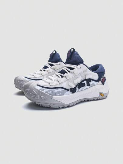 Jifffly 1 Pair Men's Sporty Non-Slip Durable Chunky Sneakers, Glacier Blue & White Color Block Fabric & Synthetic Leather, Shock-Absorbing Mid-Top Outdoor Casual Shoes