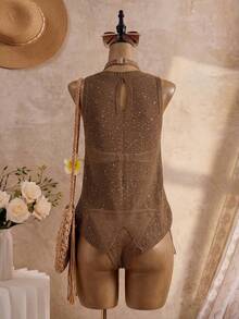 Women's Retro Knit Vest, Sleeveless Round Neck, Regular Length, Ribbed Knit Details - Coffee Brown - View 2
