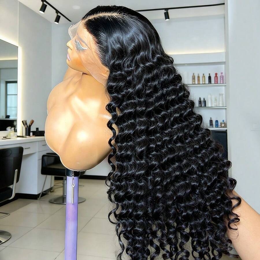 SHINEHAIR 13x6 HD Curly And Wavy Lace Front Wig, Pre-Plucked, 180% Density, Wet Look, Glueless, Human Hair - Natural Black - Xem 1