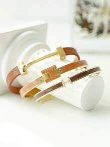 3pcs Fashionable Chic Golden Letter Leather Bracelets, Personalized Accessories Gift For Girlfriend - 3-piece Set - Brown Combination - View 3