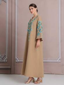Khaki Embroidery, Middle Eastern Style 3D Holographic Embroidery, Rhinestone-Encrusted Elegant Robe/Coat,Kaftan Robe, Abaya Robe BC4648(Custom Design) - Camel - View 6
