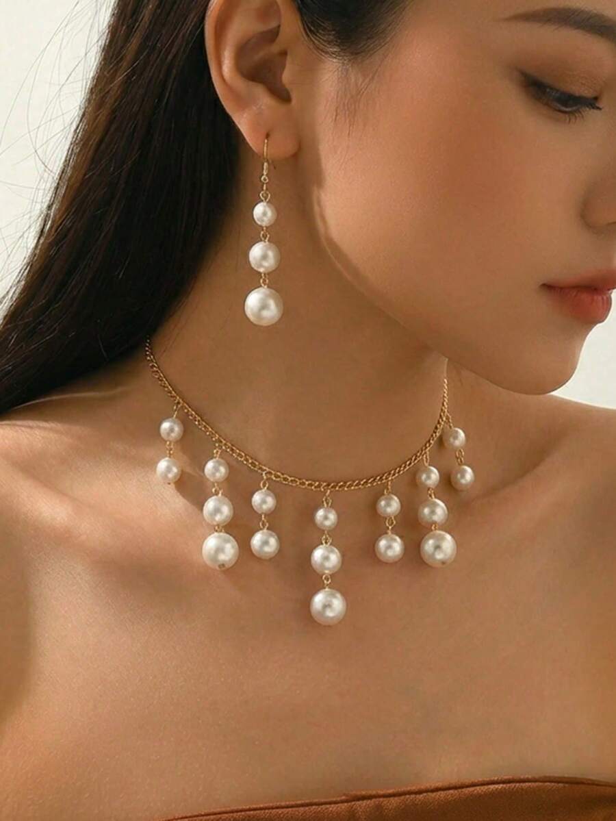 Bộ trang sức 3 món thanh lịch gồm dây chuyền và bông tai dành cho nữ, thích hợp làm quà tặng Ngày của Mẹ, mùa cưới, gồm dây chuyền mặt ngọc trai giả tối giản và vòng cổ tua rua, lý tưởng cho các dịp hàng ngày, tiệc tùng, du lịch và tiệc chiêu đãi. - trắng - Xem 1