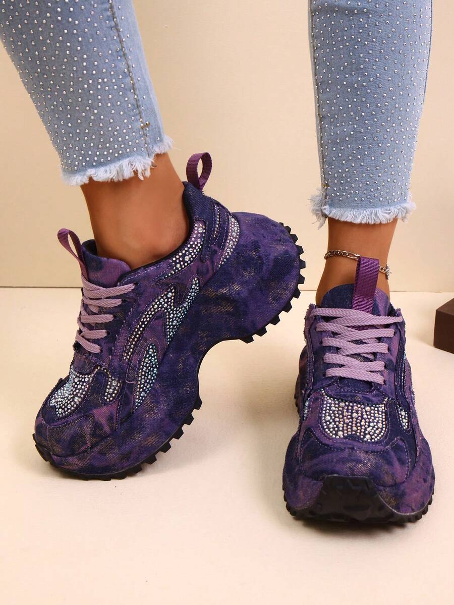 Rhinestone Embellished Platform Sneakers For Women, High-End Thick Sole Elevator Shoes For Petite - Purple - View 1