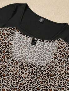 Set de 2 bodys casuales para mujer con estampado de leopardo y unicolor, de cuello redondo y manga corta, ajustados, apropiados para el verano - Multicolor - Ver 4