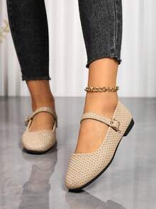 Sapatilhas Boneca Femininas com Aplicação de Strass, Sapatilhas Quadradas com Fivela, Calçado Casual de Sola Macia para Uso Diário e Escritório - Caqui - Visão 2