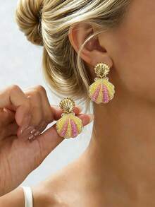 Mermaid Style Shiny Shell Earrings, Beach Earrings For Summer - Gold Shell Top With Sparkling Resin Pendant - Simple Multi-colored Seashell Earrings - View 1