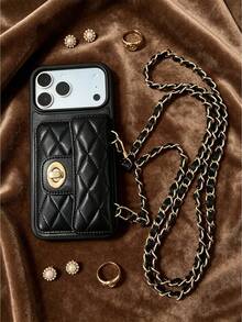 1 chiếc ốp lưng điện thoại đeo chéo sang trọng có khóa dây xích, chất liệu da chần bông họa tiết len cao cấp, bao đựng thẻ và tiền xu bằng da có dây xích, thích hợp cho nữ, tương thích với Apple/ Galaxy S24 Ultra, 17 Pro Max/16 Pro Max/12 Pro/13/14 Plus/15 Pro Max - màu đen - Xem 5