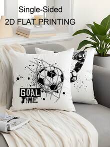 4pcs Black & White Soccer Print 2D Flat Printing Throw Pillow Covers, Single-Sided Printed, Soft, Grunge Football, Soccer Shoes & "Goal Time" Quote Pillow Covers, Suitable For Sports Fans, Washable, Durable, Perfect For Living Room, Bedroom, Sofas, Couches Decoration, Single-Sided Design, Not Real Embroidery, Zippered - Multicolor - View 4