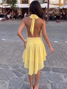 NOVELLE Vestido tipo slip sin mangas con tirantes finos estilo francés para mujer, elegante y vestido amarillo sin espalda, adecuado para citas de verano, fiestas, vacaciones y uso diar - Amarillo - Ver 4