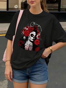 Camiseta Negra con Estampado de Calavera y Rosas Rojas para Mujer Dia de Muertos - Negro - Ver 1