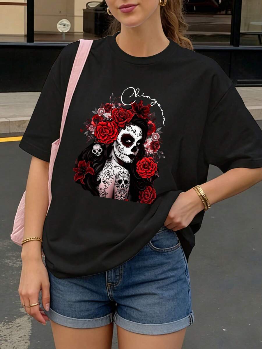 Camiseta Negra con Estampado de Calavera y Rosas Rojas para Mujer Dia de Muertos - Negro - Ver 1