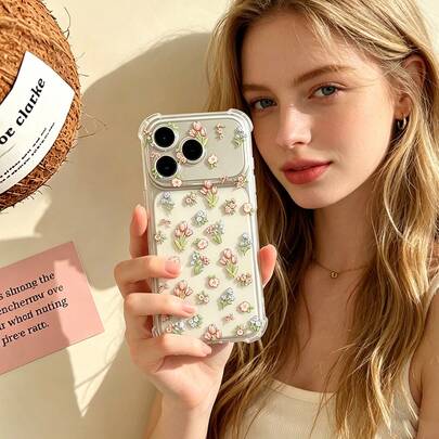 适用于 17/17 Pro/17 Pro Max/16/15/14/13/12/11 系列，1 件装 INS 风格四角防摔花卉印花全包覆防震手机壳，时尚手机保护套，适用于 17 Pro Max