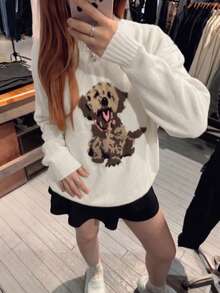 Autumn Women's Cream-Colored Dog Pattern Sweater, Suitable For Campus, Back To School Events, Cute Top, Y2K Streetwear Retro Style, Teacher - Multicolor - View 3