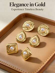 1/3pcs 18K Gold Plated Stainless Steel Vintage Pearl Earrings, Gold Baroque Style Pearl Earrings, Fashionable Geometric Oval Earrings, Anti-Oxidation & Hypoallergenic, Unique Asymmetrical Design, Suitable For Mother's Day, Valentine's Day, Party, Daily, Beach, Bridesmaid, Birthday & Holiday Jewelry Gift - Multicolor - View 4