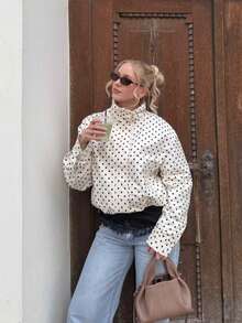 LEILEIBEI Spring/Autumn New Arrival Women's Fashion Casual Versatile Stand Collar Zipper Long Sleeve Polka Dot Jacket - White F - View 6