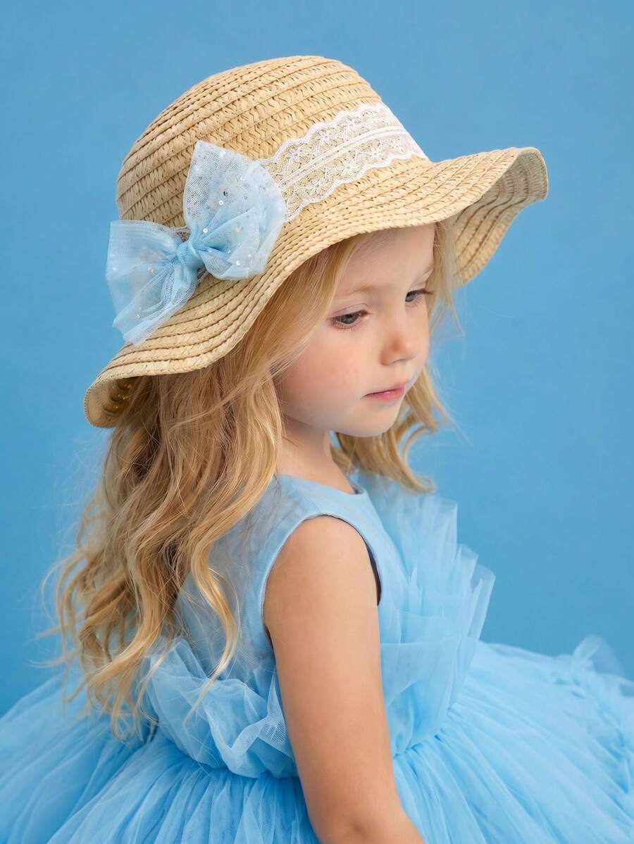 Mũ rơm vành lượn sóng màu xanh dương có nơ cho bé gái, mũ chống nắng nhẹ, thoáng khí cho mùa hè đi biển/ngoài trời, phù hợp cho trẻ từ 3-8 tuổi. - 1PC - Xem 1