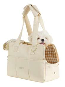 ONECUTE 米色便攜式寵物運輸籠，適合小型犬、貓和兔子，附口袋，柔軟棉質材料，可折疊軟式寵物旅行運輸籠 - 米白色 - 查看 1