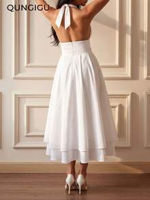 QUNGIGU Vestido midi de mujer con tirantes finos, cuello en V profundo sin mangas, corte evasé con volante en el bajo, elegante para fiestas de verano, cócteles, bodas - Blanco - Ver 3