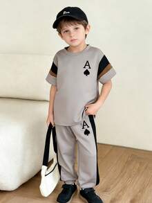 男童卡通印花圆领短袖上衣和裤子套装 - 灰色 - 查看 2