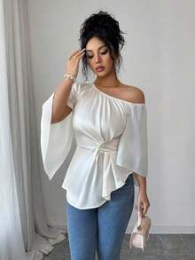 Blusa elegante romántica de gasa blanca femenina, diseño de hombro descubierto asimétrico, manga larga acampana abierta fluida, cintura ajustable con cordón y bajo asimétrico de volantes.Tela ligera transpirable caída, ideal para vacaciones playeras, oficina y citas diarias. - Albaricoque - Ver 5
