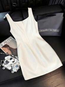 Vestido mini de estilo francés con tirantes de acetato y lazo, vestido elegante con cintura ceñida en color albaricoque, adecuado para fiestas, graduaciones, vacaciones, San Valentín, festivales de música, Día de la Madre, Acción de Gracias, Pascua, Día Nacional, bailes, citas, bodas, salidas - Albaricoque - Ver 2