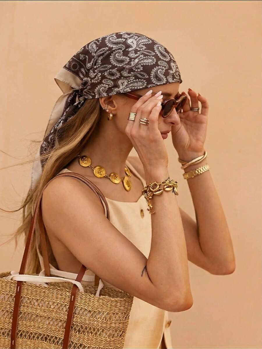 1 pieza Pañuelo cuadrado de mujer de 70*70cm con estampado de cachemira y paisley, de moda y versátil para uso diario