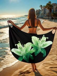 Gaun Penutup Pantai Motif Bunga untuk Wanita, Gaun Lilit Kasual untuk Liburan Musim Panas - Hijau - View 4