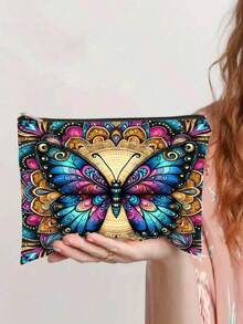 波西米亚曼陀罗蝴蝶印花化妆包，充满活力的民间艺术主题便携式拉链收纳袋 - 彩色 - 查看 9