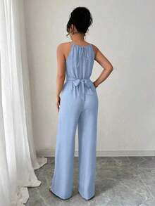 Women& # 39;S Casual Blue Wrinkled Fabric Sleeveless Halter Beaded Waist Twist Design Straight Jumpsuit Tie Bow Design At Back, Spring And Summer Royal Blue Group Purchase Sky Blue Group Buy Cerulean Blue - Màu xanh nhạt - Xem 3