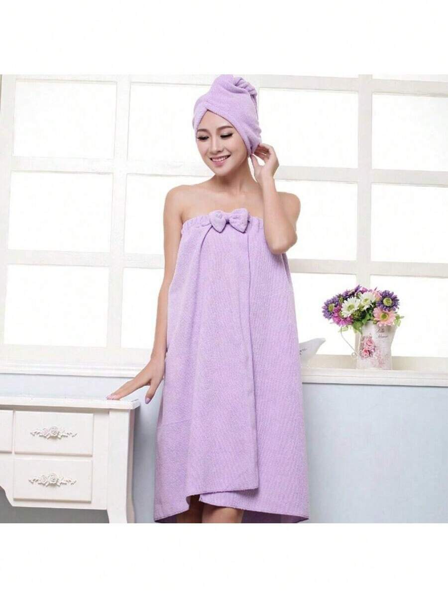 Bộ 2 món áo choàng tắm/khăn trùm đầu bằng sợi microfiber siêu mềm, váy tắm thắt nơ dành cho người lớn, thấm hút cao, nhẹ và nhanh khô, bộ khăn tắm và khăn trùm đầu, đồ dùng phòng tắm, váy mini xông hơi cho nữ, khăn tắm xông hơi phòng tắm (140cm*73cm)