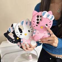 SANRIO 1 chiếc ốp lưng điện thoại Hello Kitty ngồi thời trang, sáng tạo, có sẵn màu hồng, đen, trắng, thiết kế nơ sọc, thân thiện với da, hiệu ứng 3D nổi, chất liệu silicon chống nước và chống sốc, dễ thương và phong cách, tương thích với dòng 17, 11/12/12 Pro, 13/14/15, 13 Pro/14 Pro/15 Pro, 12 Pro Max/13 Pro Max/14 Pro Max/15 Pro Max, 16, 16 Pro, 16 Pro Max, 17, 17 Pro, 17 Pro Max, món quà tuyệt vời cho Ngày của Mẹ, Lễ hội Thuyền Rồng, Lễ hội Nước. - trắng - Xem 1