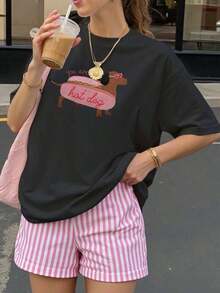 Women's Summer Oversized Short-Sleeved Blouse With Dachshund Print, Ideal For Leisure Time And Beach Holidays - Vintage Street Style Unisex Loose Cotton Short Sleeve Crew Neck T-Shirt - 黑色 - 查看 6
