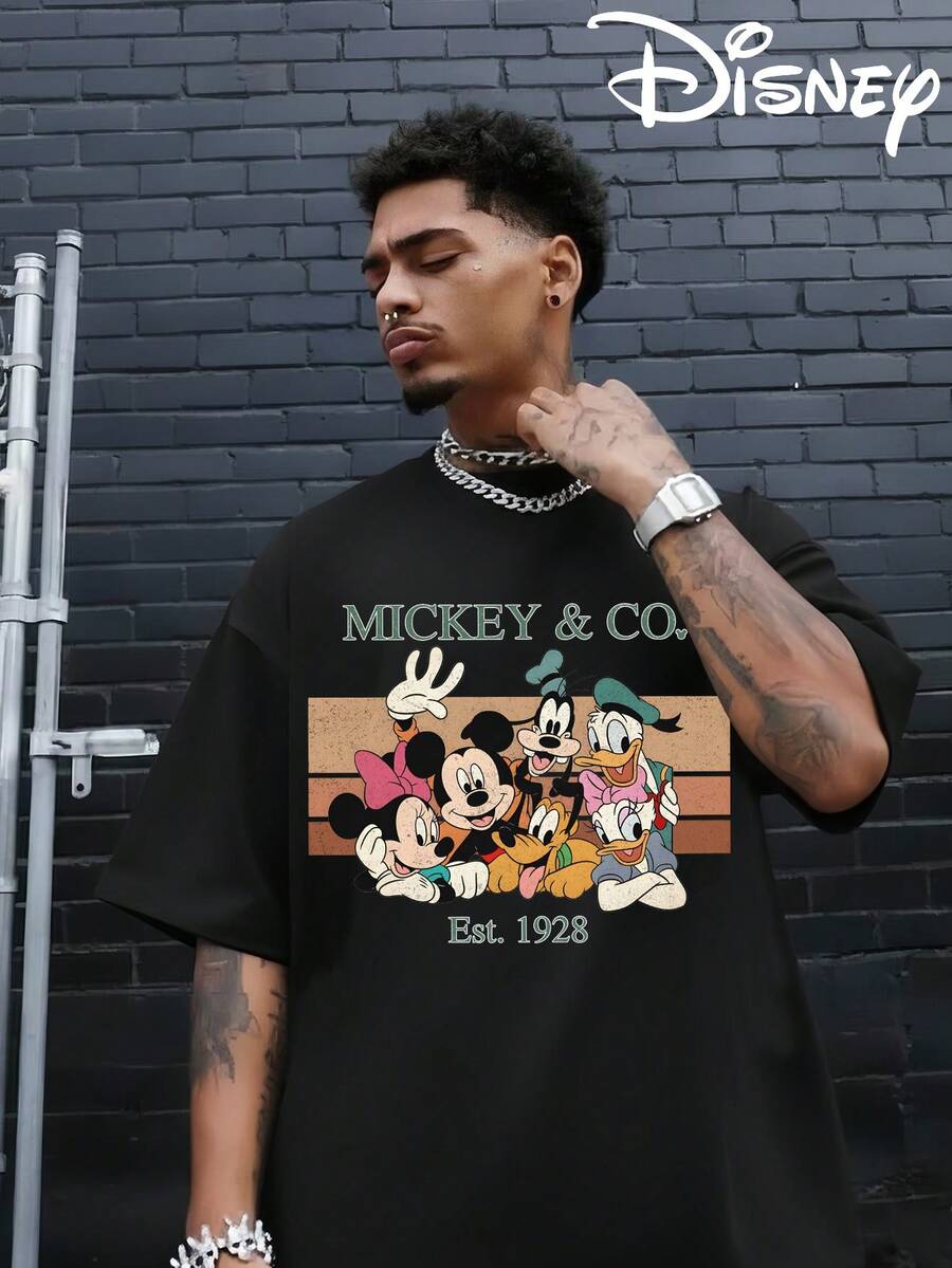 Disney Authorized Mickey Mouse Cartoon Pattern And Mickey Letter Print, Men's Black Pure Cotton Short Sleeved T-Shirt, Breathable White Short Sleeved T-Shirt, Suitable For Summer Wear, Neutral, Regular Round Neck Casual Style, Washable, Comfortable And Loose. - 黑色 - 查看 1