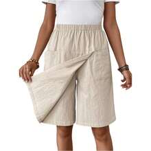 Nueva moda para mujer, pantalones cortos informales con bolsillo y cintura elástica de Color sólido, culottes ligeros y acogedores para verano - Caqui - Ver 3