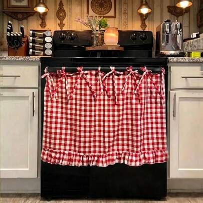 1pc Handmade Oven Skirt, Farmhouse Kitchen Decor Oven Curtain, Decorative Cabinet Dishwasher Oven Curtains. Features Ribbon Ties And Ruffled Trim For Effortless Install. Enhance Your Style With This Charming Design, Perfect For Hiding Clutter And Adding A Cozy, Rustic Touch To Your Kitchen Appliances Instantly.
